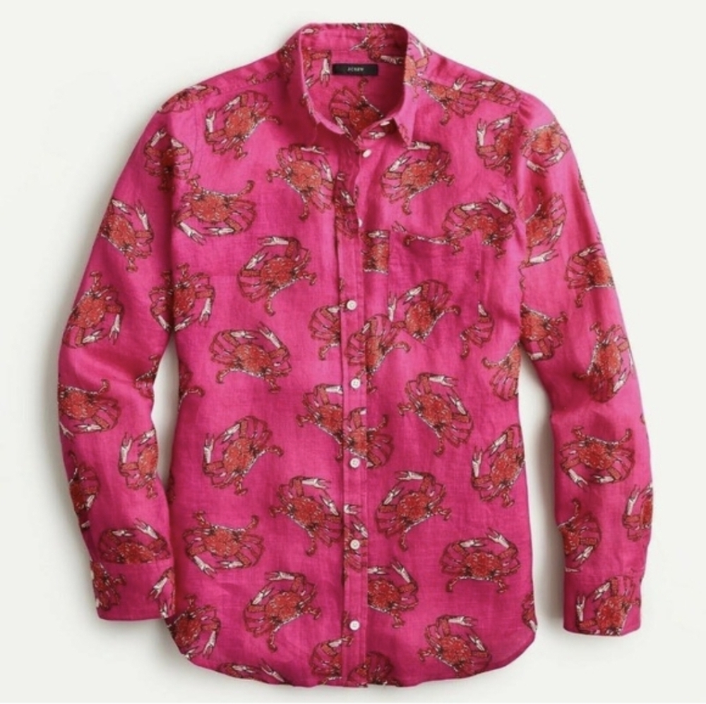J.Crew Classic-Fit Boy Shirt 2 Hot Pink+Red Ratti King Crab linen Button Down XS